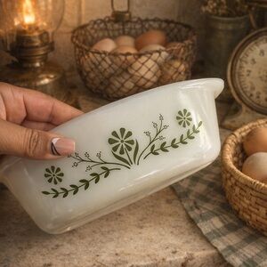 Vintage Floral Green and White Dish